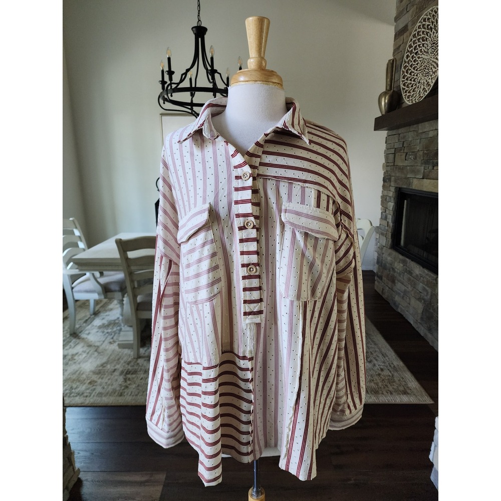 Umgee Womens 1XL Mixed Stripe Eyelet Henley Shirt Red Cream Oversized